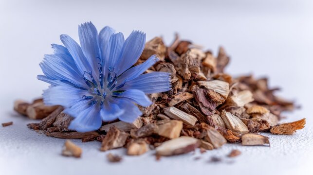 A High Resolution image of blue chicory flower on a pile of dried chicory root.