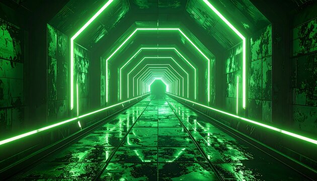 A perspective view of a long, grunge tunnel illuminated with neon green lights, creating a futuristic, grungy vibe