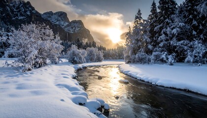 A snowy landscape with a river winding through a valley under a cloudy sky, sunlight piercing through the clouds