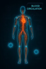 Futuristic blood circulation map with glowing arterial data visualization.