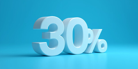 Glossy, smooth 3D rendering of number 30% in light blue stands out against matching blue background, conveying modern and sleek design