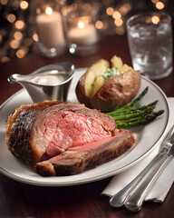 Delicious prime rib dinner served with baked potato, fresh asparagus, and creamy horseradish sauce in Vegas steakhouse