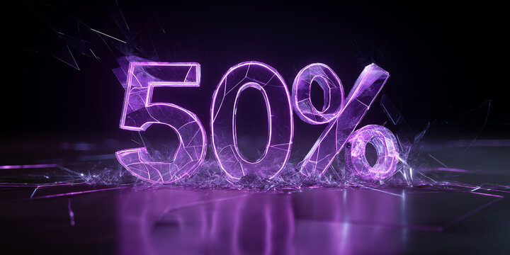 3D render of glowing neon purple crystal text displaying 50 percent, with shattered effect on dark reflective surface, creating dynamic and futuristic atmosphere - Powered by Adobe