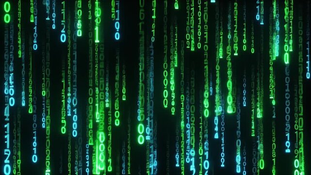 The green binary code pattern creates an abstract, futuristic digital technology background