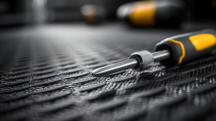 Screwdriver with a yellow and black handle on a textured metal surface.