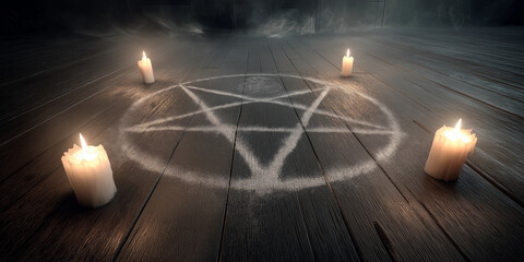 Mysterious Halloween scene features large chalk pentagram on wooden floor, surrounded by four lit candles casting eerie glow. atmosphere is dark and mystical