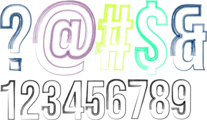 Hand Drawn Colorful Sketch Numbers and Symbols on White Background