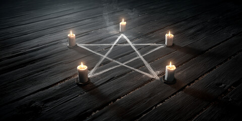 Mysterious scene with chalk pentagram surrounded by five lit candles on wooden floor, creating eerie atmosphere. dim lighting and smoke add to mystique
