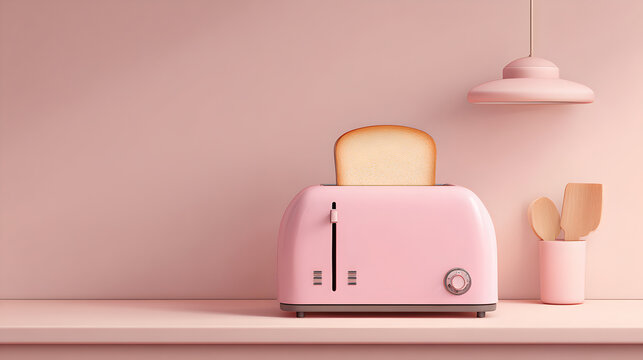 A pastel pink toaster with bread on a pink kitchen counter.