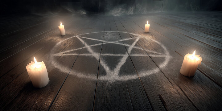 Mysterious Halloween scene features large chalk pentagram on wooden floor, surrounded by four lit candles casting eerie glow. atmosphere is dark and mystical