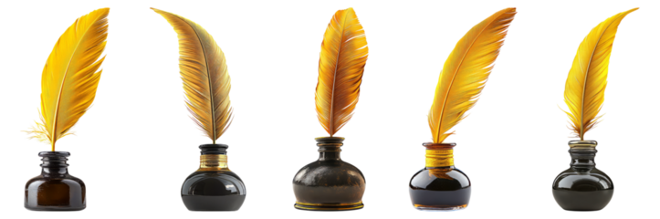 Vintage Ink Bottles with Quill Pens for Writing and Creativity, Isolated on Transparent, white background