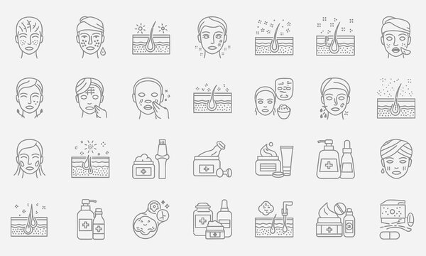 Skincare and Dermatology Line Icons Set Facial Treatment, Beauty Products, and Skin Health Pictograms for Cosmetic Industry and Personal Care