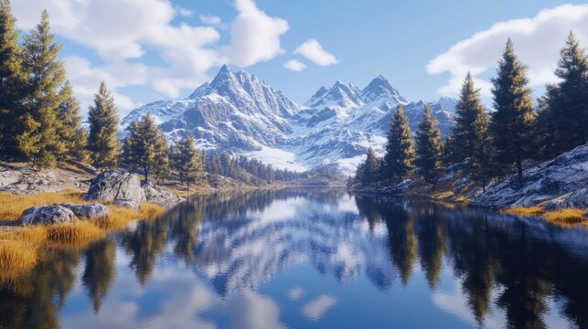 Serene mountain lake reflects snowcapped peaks under a blue sky