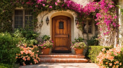 Charming wooden door of a house adorned with vibrant bougainvillea flowers