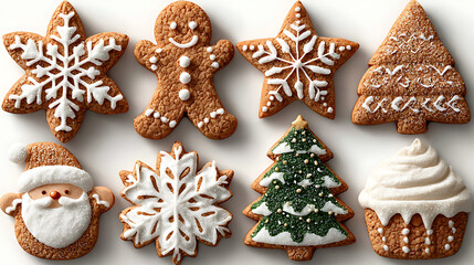 Assorted 3D gingerbread Christmas cookies on white background 