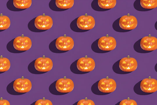 seamless pattern with easter eggs. halloween pumpkin on purple background