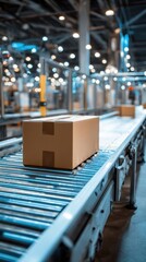 A High Resolution image of cardboard box on a conveyor belt in a warehouse.