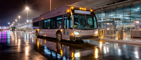Obraz premium Shuttle Bus at Las Vegas Airport Terminal on a Rainy Night with Bright Reflective Lights