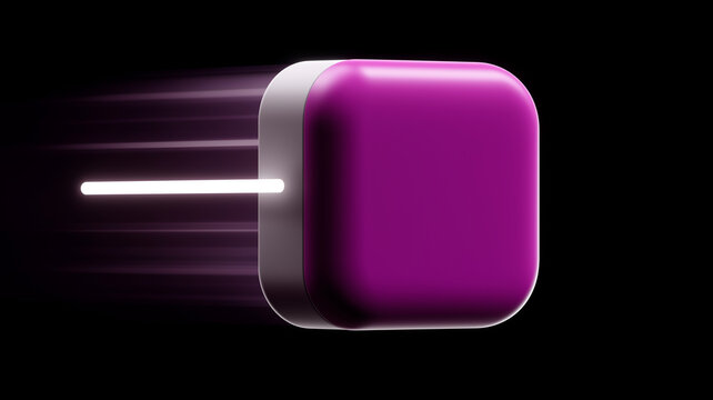 Dynamic image of purple cube with metallic edge, moving swiftly against black background, creating sense of speed and modernity