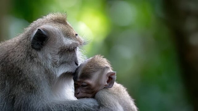 A mother monkey holds her sleeping baby close in a vibrant forest under soft sunlight