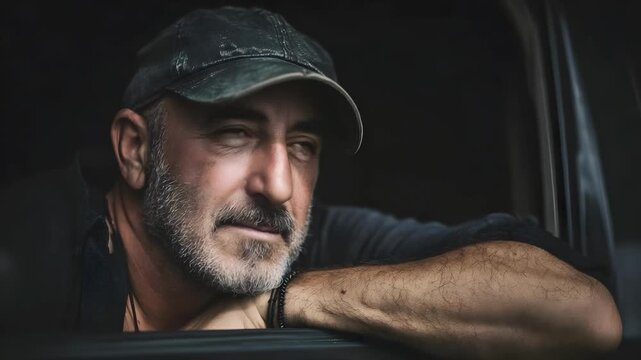 A bearded man wearing a cap leans on a vehicle window, gazing thoughtfully into the distance.
