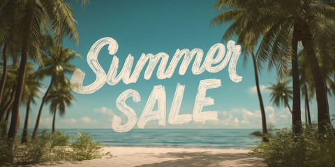 Obraz premium Tropical beach scene with palm trees and ocean, featuring text Summer SALE in bold letters, evoking sense of relaxation and excitement