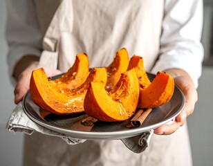 Roasted Pumpkin Slices on Plate Held by Person in Apron.