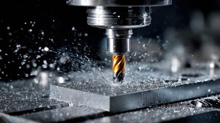 Closeup of a cnc milling machine cutting metal with sparks flying