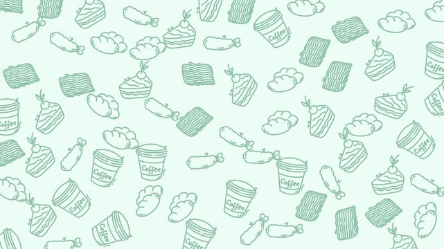 A seamless pattern of hand-drawn food and drink doodles on a light mint green background.