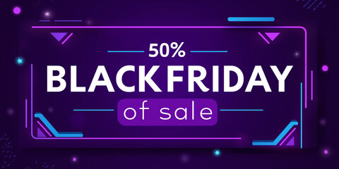Vector banner with text 50% Black Friday of sale on purple background, featuring geometric shapes and glowing elements