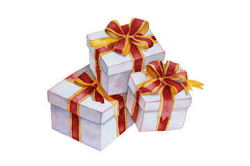 Three stacked gifts with red and gold ribbons suitable for holiday, birthday, celebration, gift giving themes in design projects and promotions.