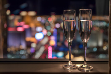 Two Empty Champagne Flutes Resting Elegantly on a Windowsill with a City Skyline in the Background