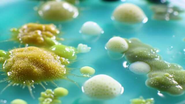 Extreme close-up macro video of diverse mycelium, fungi, and bacteria colonies rapidly growing on luminous blue agar in a glass petri dish. Concept of microscopic biological proliferation