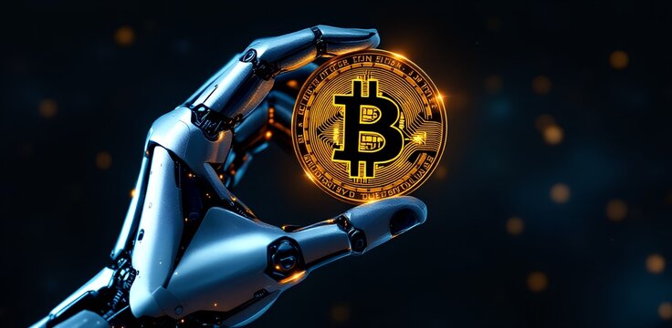 Futuristic robotic hand grips glowing golden Bitcoin coin amid neon cyberpunk lights on dark background. Perfect for crypto, blockchain, AI, NFT & digital finance illustrations!
