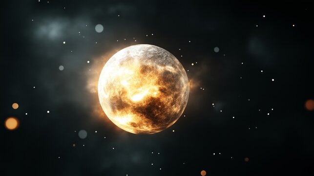 Glowing celestial body in dark space with bright spots and nebulae