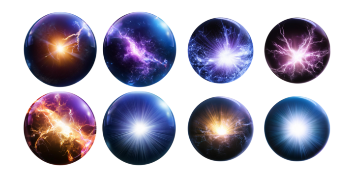 Magic spheres, energy balls with mystic glow, lightning and sparks, png collection isolated on transparent background
