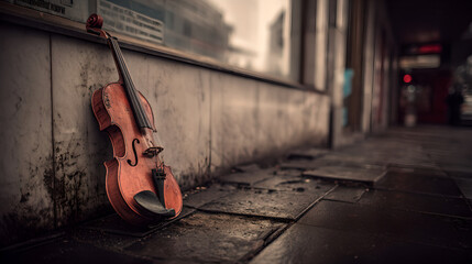 An old wooden violin leans against a dirty wall on a wet city sidewalk.
