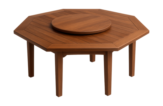 Octagonal wooden garden table with a lazy Susan, ideal for outdoor dining.