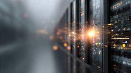 Glowing orange and yellow lights illuminate server racks in a modern technology data center.
