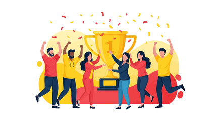 Fototapeta premium Triumphant Team Celebrating Victory Around Trophy with Confetti and Exuberant Joy