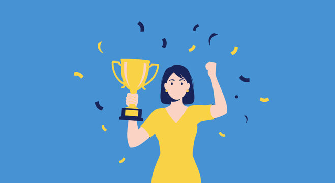 Triumphant Woman Celebrates Success Holding a Golden Trophy Against Vibrant Blue Background