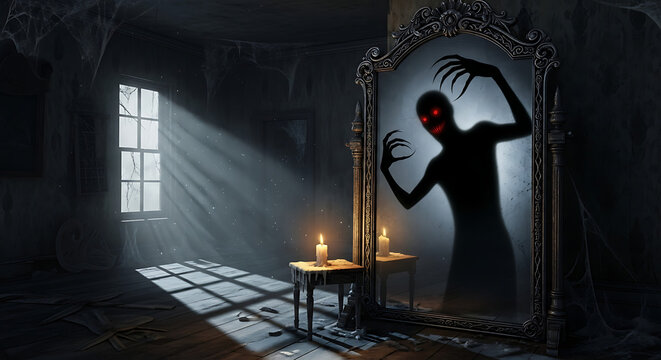 Mysterious haunted mirror reflecting scary shadow
