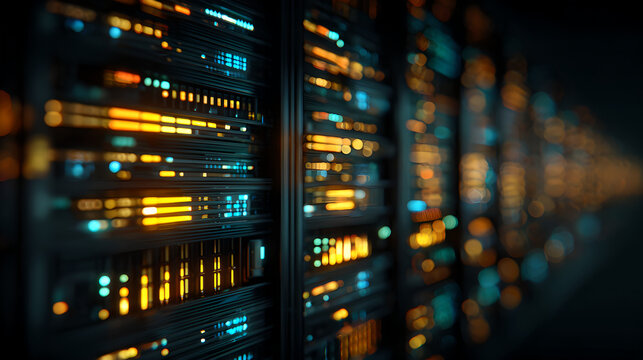 Flashing blue and orange lights fill a dark aisle of data center server racks.
