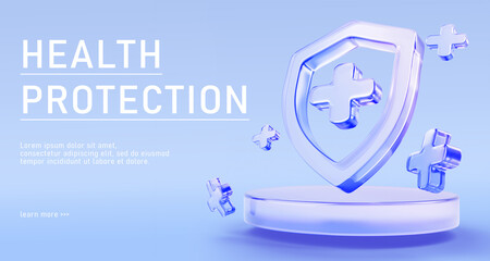 Health protection 3d banner. Medical podium with glass holographic shield, plus symbol and floating cross sign on blue background. Healthcare security platform, life insurance concept. 3D illustration