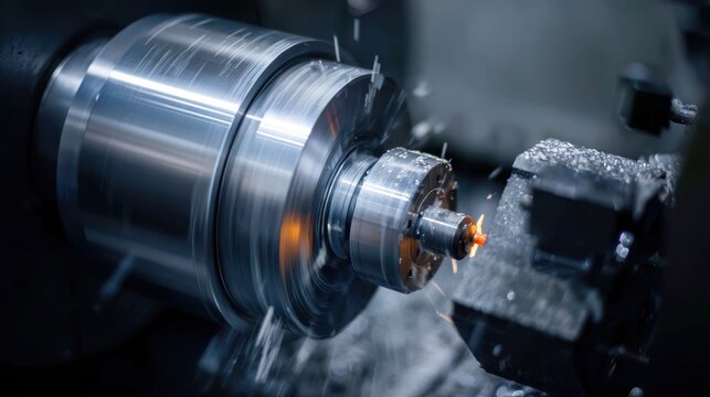 A High Resolution image of closeup of a metal lathe machine cutting a workpiece with sparks flying.