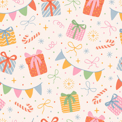 Christmas cute seamless pattern. Holiday pastel Xmas print. Hand drawn doodle, gifts box, bows, confetti, bunting flag garland, snowflakes, candy cane. Vector background for wrapping paper, textile.