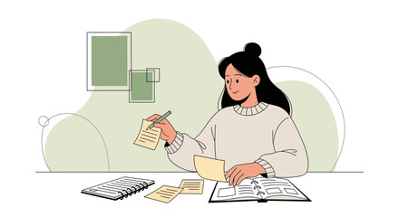 Woman Analyzing Documents And Taking Notes At Her Desk To Improve Performance