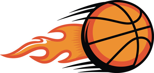 Flaming basketball illustration, sports energy concept, dynamic motion graphic, fiery ball artwork, speed and power, athletic design, game intensity