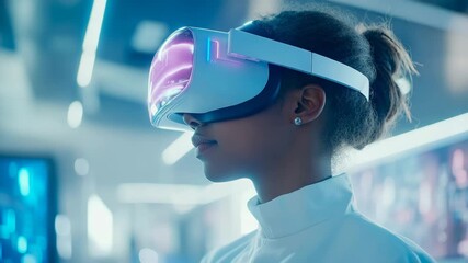 Profile of individual exploring advanced digital realm through glowing virtual reality device, embodying future technology and immersive experience - Powered by Adobe