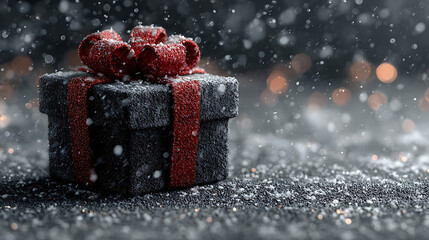 Black textured present box with metallic red bow glowing under soft studio light, surrounded by tiny snowflakes and sparkles, cinematic composition, isolated on white background
